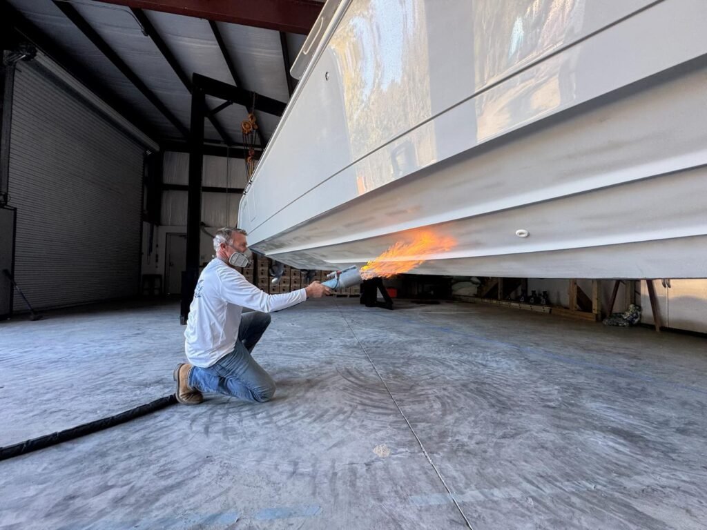 Boat bottom protection coating application in progress